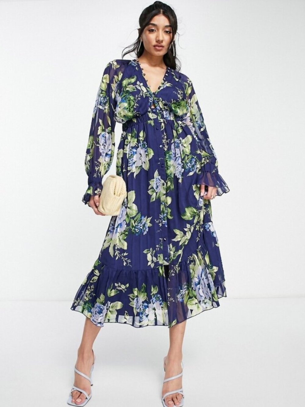 Satin Floral Pleated Midi Dress with Button Detail in Navy